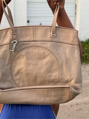 Coach Taupe Embossed Logo Leather Tote